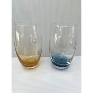 Vintage Bubble Glass Yellow & Blue Tumblers - Set of 2 Rare Find 6" Tall
